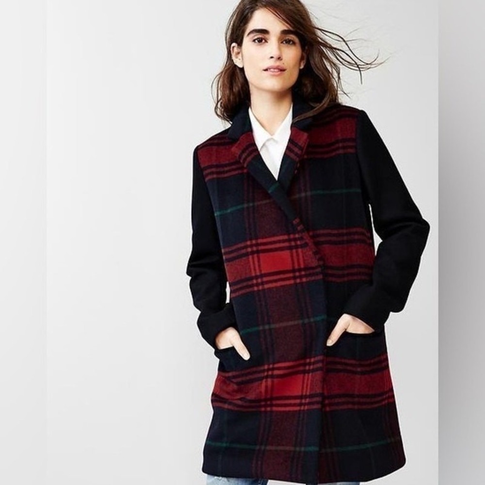 Gap Coat Womens Medium Blue Plaid Wool WInter Festival Preppy Academia Car Coat